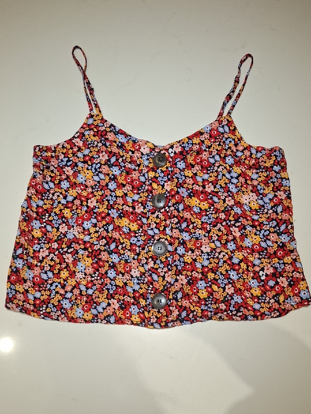 Garage Red, Blue & Black Flowy Floral Print Button-front Rayon Tank Top (Size S)